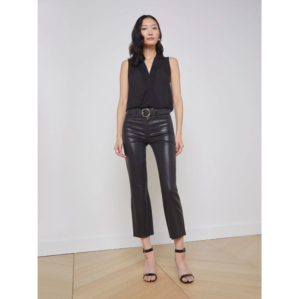 L'agence Kendra High Rise Cropped Flare Pant Noir Coated Cotton Stretch Size 29